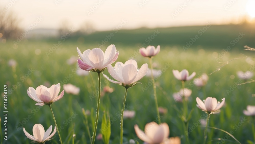 Fototapeta premium Beautiful blooming flowers in a sunny meadow during springtime at dawn.