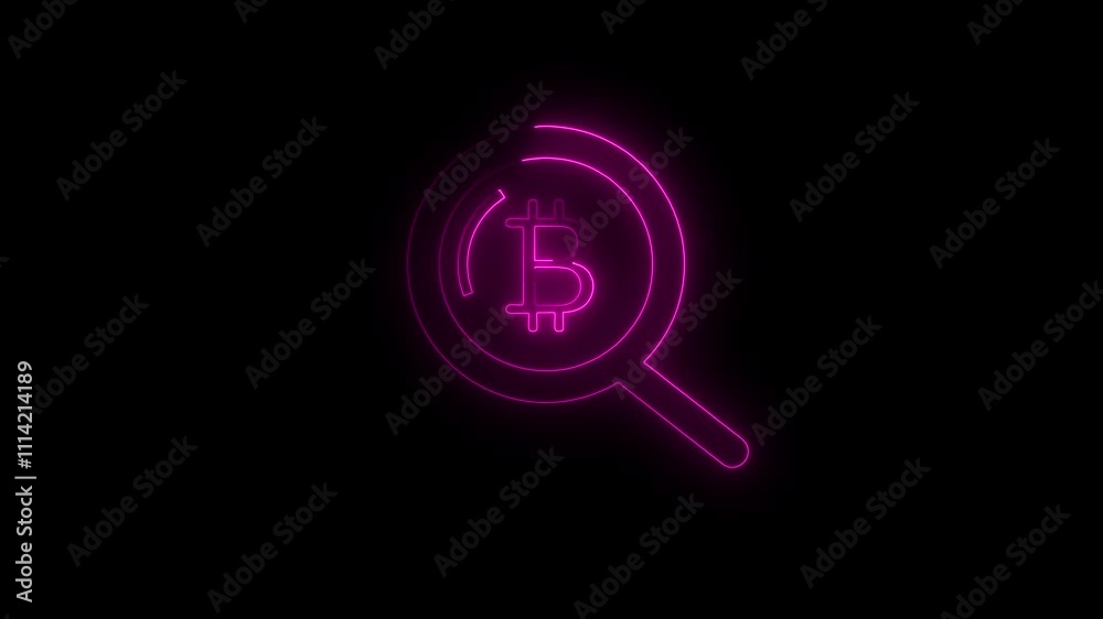 Glowing neon line Magnifying glass with Bitcoin icon isolated on brick wall background. Physical bit coin. Blockchain based secure crypto currency. Glowing neon line Magnifying glass with Bitcoin icon isolated on brick wall background. Physical bit coin. Blockchain based secure crypto currency.