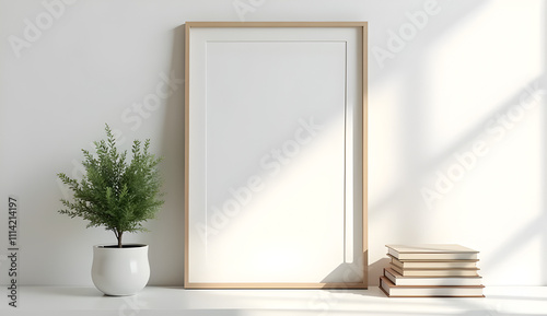 Framed Poster Mockup with Minimalist Decor on White Wall