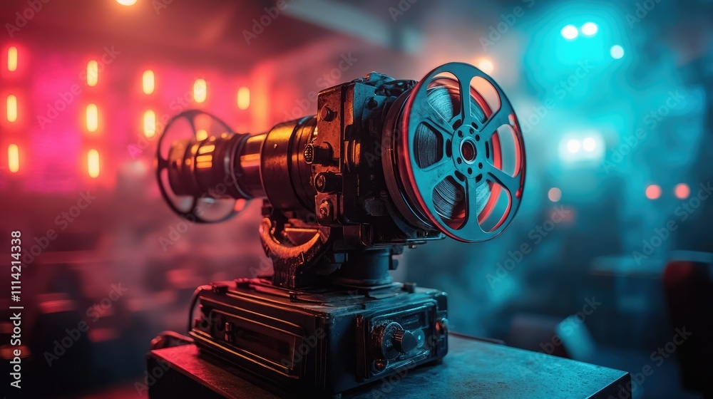 Fototapeta premium A vintage film projector sits in a dimly lit space, highlighting its nostalgic design and purpose.