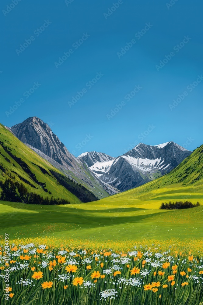 Obraz premium Mountain valley with radiant green pastures and colorful flowers