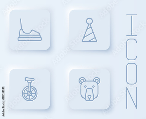 Set line Bumper car, Party hat, Unicycle and Bear head. White square button. Vector