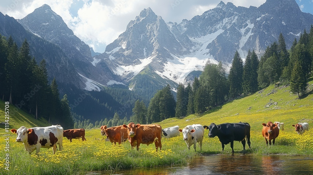 Obraz premium Alpine scenery with cows grazing in a meadow