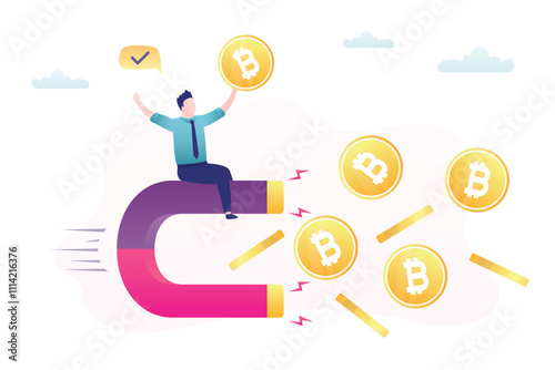 Collecting bitcoin, mining. Smart investor ride on magnet and attracts crypto coins. Making money on Internet and financial literacy. Cryptocurrency and blockchain technology