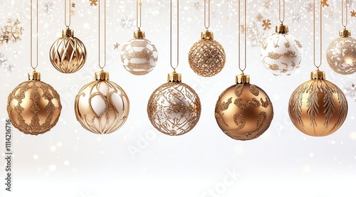 A row of gold and white Christmas ornaments hanging from a string. The gold ornaments are larger and the white ones are smaller