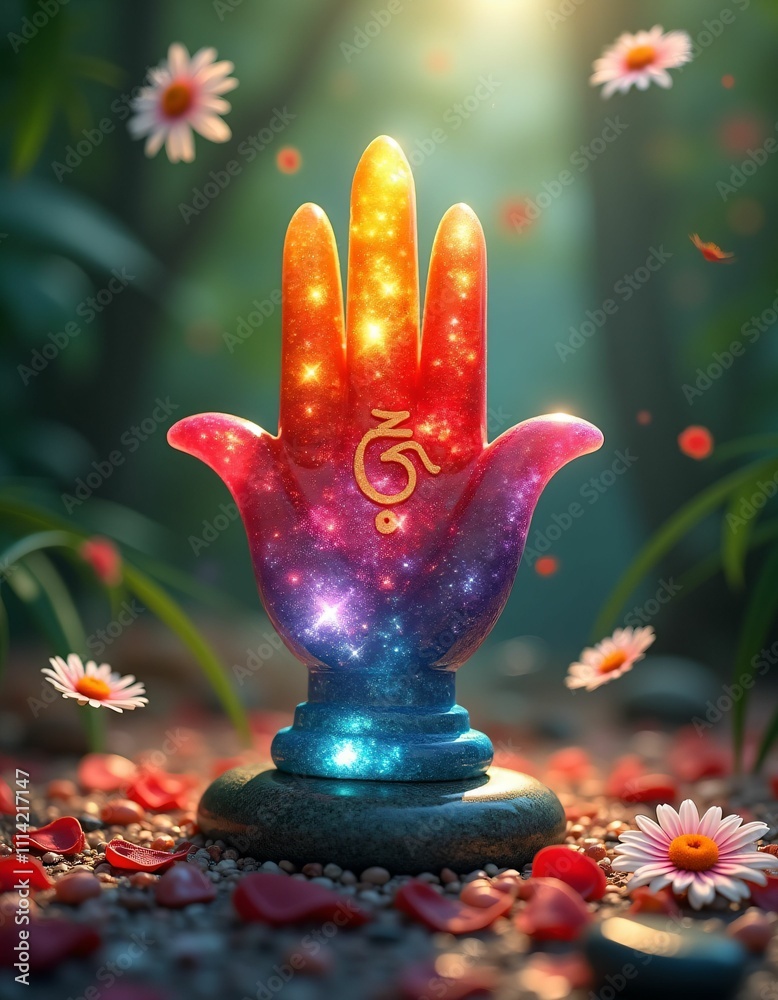 Fototapeta premium hamsa symbol on marble, red yellow green blue yellow white purple blue colors, lights and rays, three-dimensional and vivid, cube-shaped colorful agate stones, background rainforest, daisy flower peta