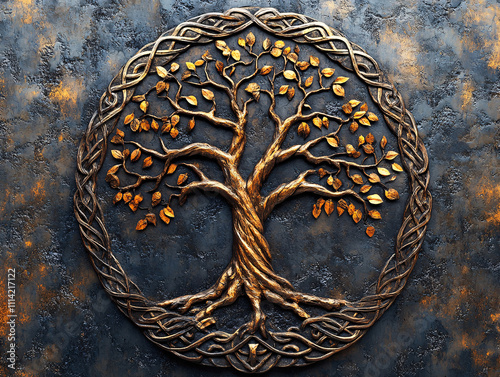 carved tree of life with golden leaves and roots, set against a dark, textured background. The carving is enclosed within a decorative frame featuring swirling patterns and intricate designs. photo