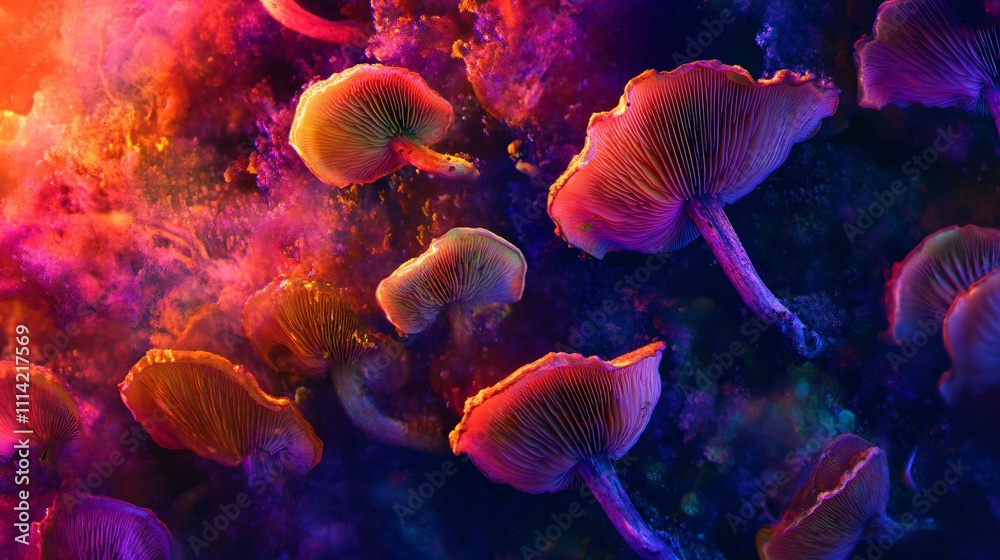 Close-up of vibrant psychedelic mushrooms in colorful cosmic environment Close-up of vibrant psychedelic mushrooms in colorful cosmic environment