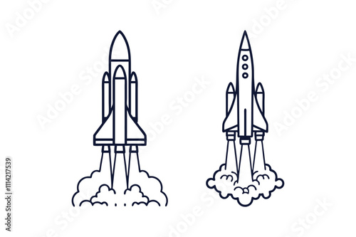 Rocket launching vector silhouette line art illustration white background