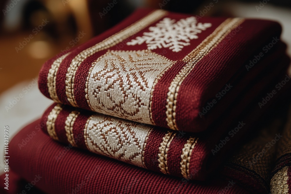 Fototapeta premium Holiday decor action elegant red and gold towels home setting textile content cozy environment close-up viewpoint