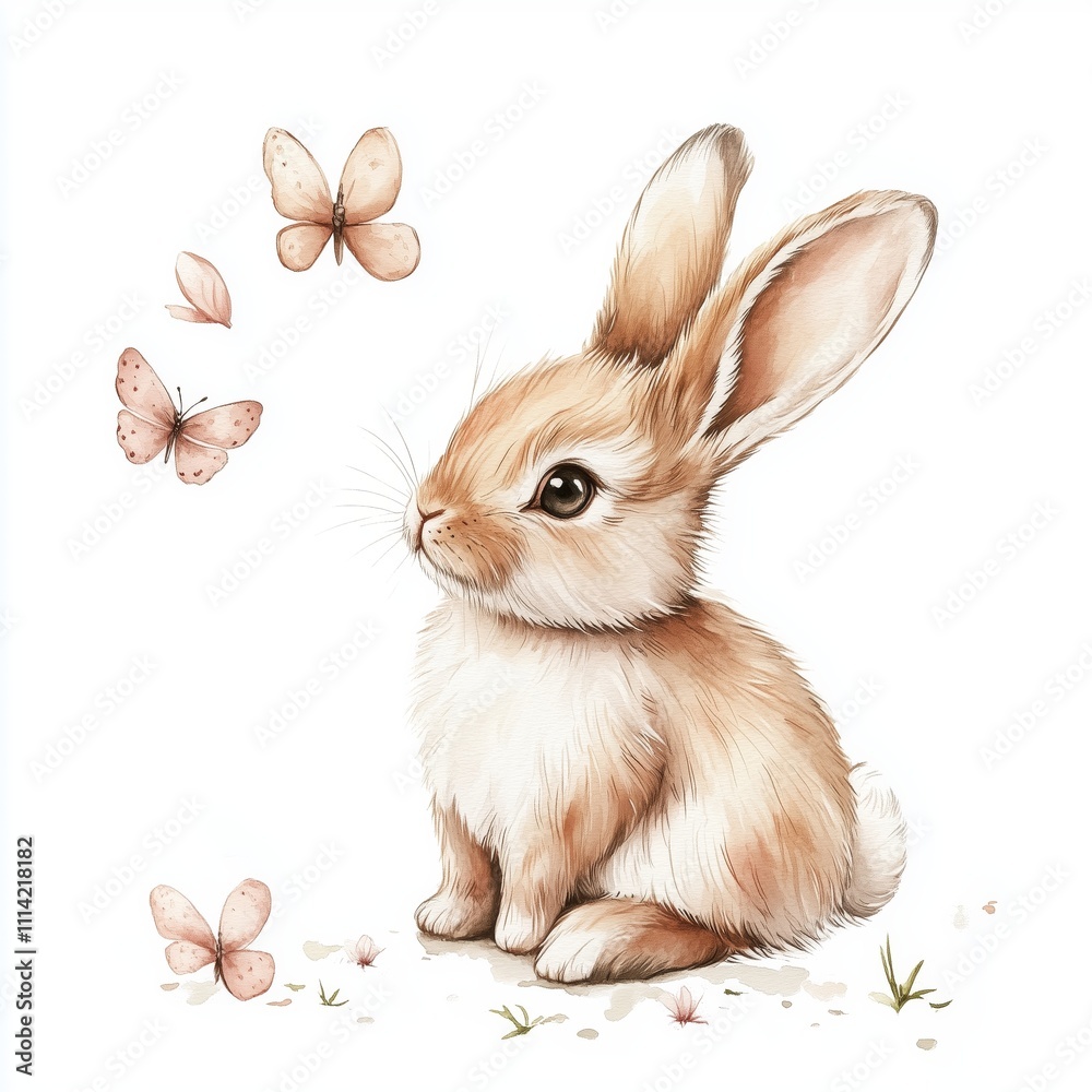 Fototapeta premium Watercolor baby bunny. Vector illustration with hand drawn fluffy rabbit, easter bunny. Clip art.