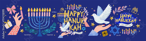 Happy Hanukkah. Vector cute illustration of jewish holiday, candlestick with candles, hand holding dove, star of david, logo for greeting card, banner, invitation or background
