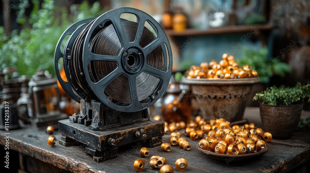 Obraz premium A vintage film reel on a rustic table surrounded by decorative golden beads and plants.