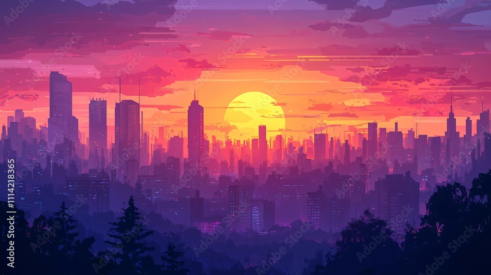 Fototapeta premium Retro futuristic city skyline under vibrant sunset and cloud patterns