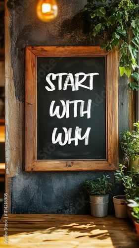 Start with why message writing on black chalkboard. Conceptual start with why symbol.