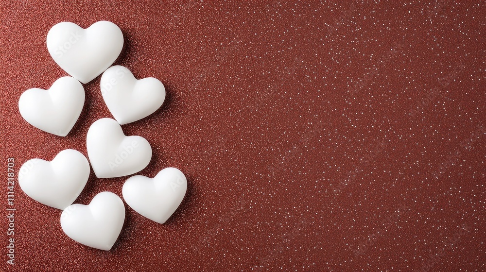 Fototapeta premium Heart-shaped candies are arranged on a red glittery background, enhancing the Valentine's Day mood and charm of the setting