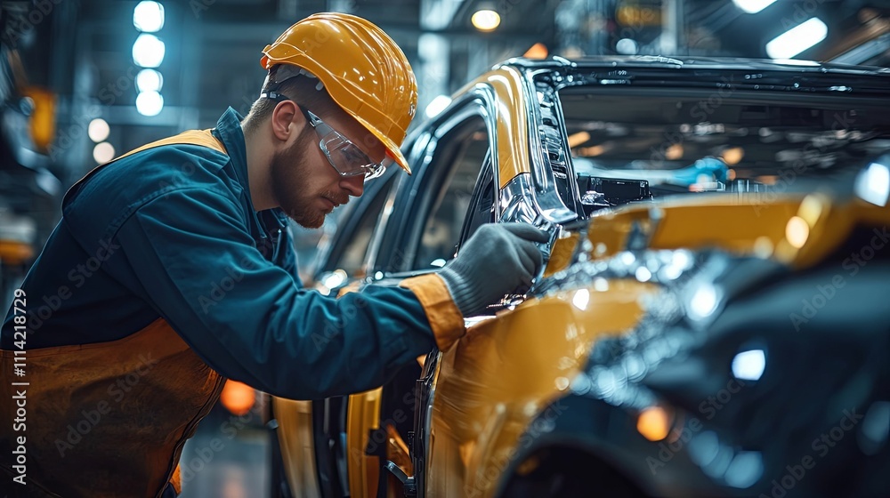 Auto Worker Assembling Yellow Car Body Panel Auto Worker Assembling Yellow Car Body Panel