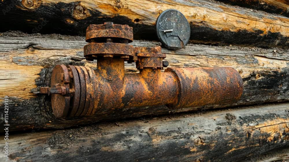 Rusty metal pipe and gauge attached to weathered wooden wall in a rustic environment showcasing industrial decay Rusty metal pipe and gauge attached to weathered wooden wall in a rustic environment showcasing industrial decay