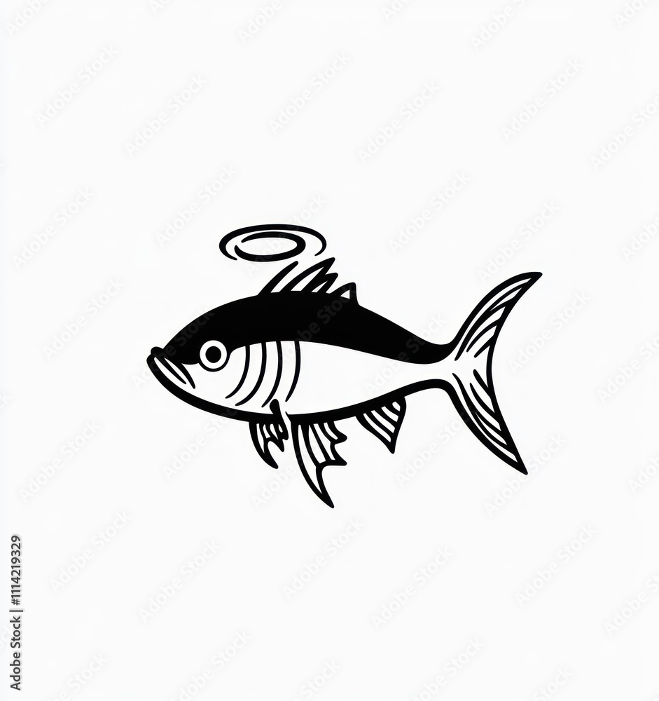 Black and white illustration of a fish with a halo. (1) Black and white illustration of a fish with a halo. (1)