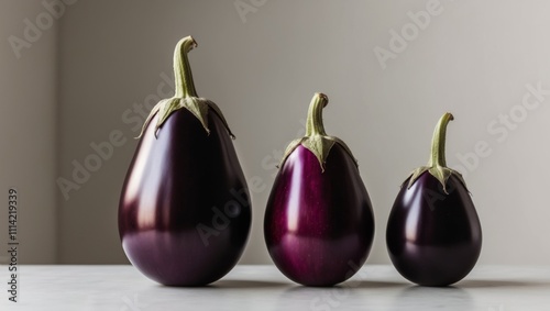 Three purple eggplants are shown in a row.