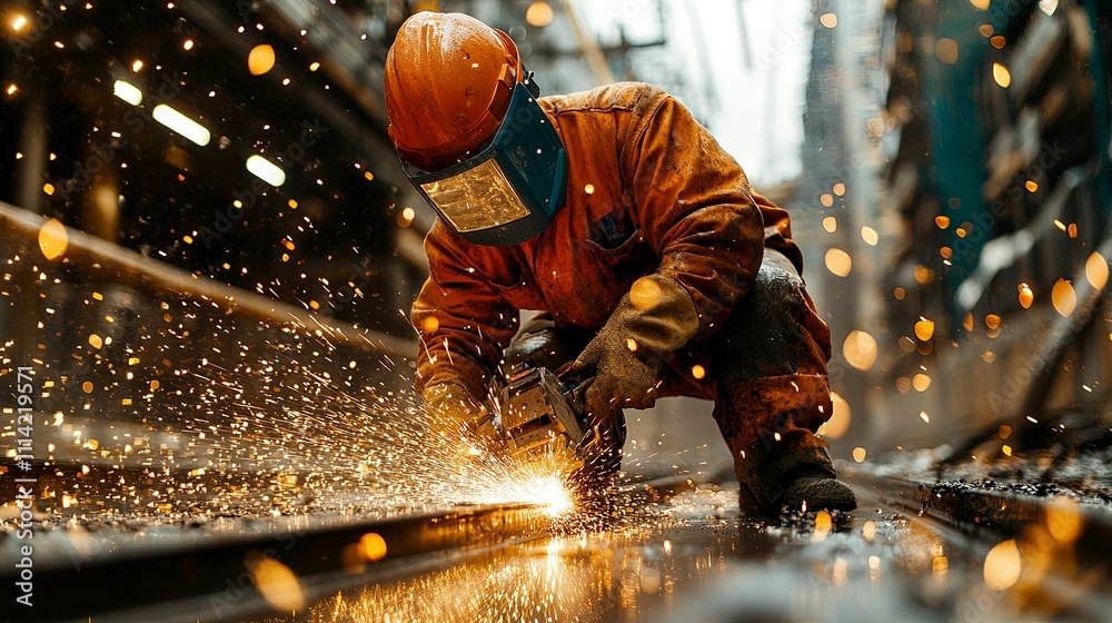Worker in Safety Gear Uses Grinder on Metal Worker in Safety Gear Uses Grinder on Metal