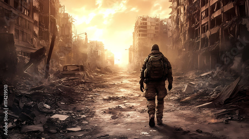 Postapocalyptic solitude lone soldier trudges through desolate cityscape crumbling buildings and debrisstrewn streets bathed in eerie muted light. Solitude. Illustration photo