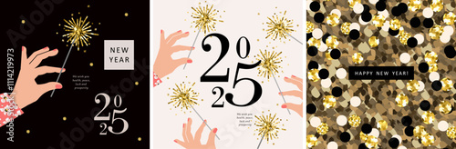 Happy New Year! 2025. Vector modern stylish illustration of number 2025, hand with sparkler, golden pattern with sequins for greeting card, invitation, background or poster