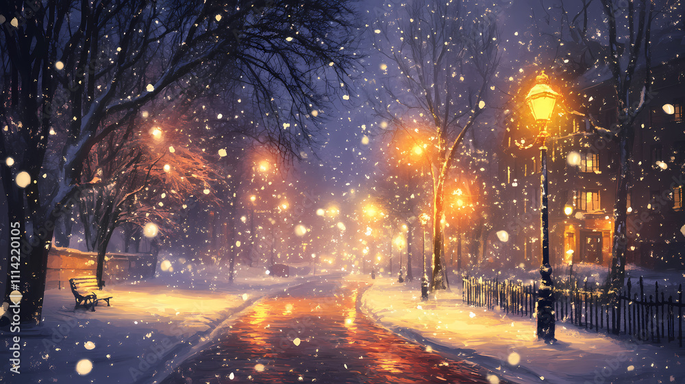 Serene night walk under enchanting streetlights and falling snow. Solitude. Illustration Serene night walk under enchanting streetlights and falling snow. Solitude. Illustration