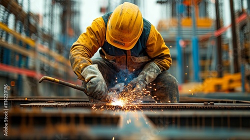 Construction Worker Welding Metal Beams Outdoors