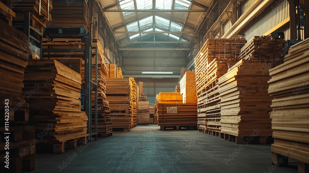 Obraz premium Wooden Lumber Stacked High In A Warehouse