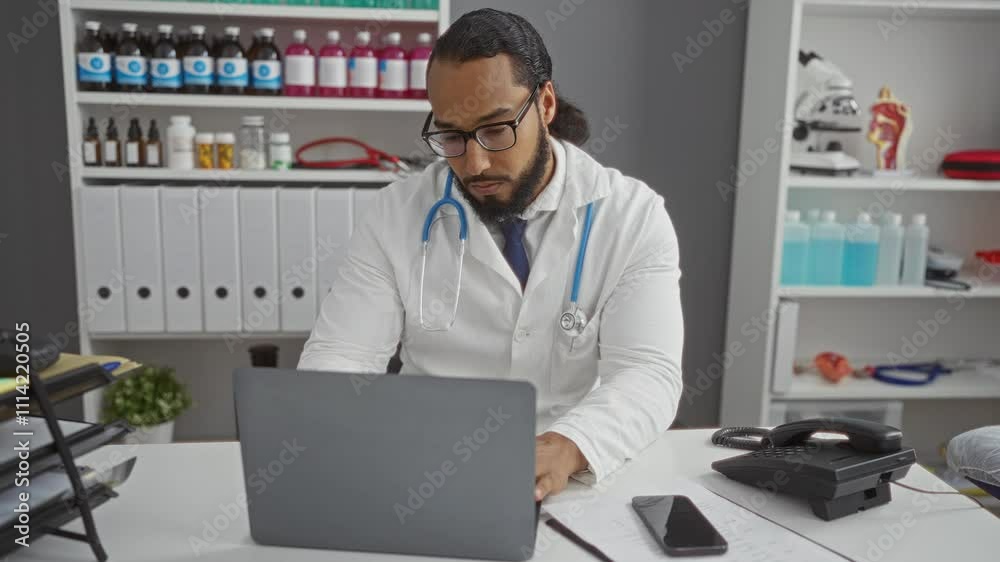 Man in clinic working on laptop wearing stethoscope surrounded by medical supplies and documents with a phone on the desk indicating a busy hospital environment. Man in clinic working on laptop wearing stethoscope surrounded by medical supplies and documents with a phone on the desk indicating a busy hospital environment.
