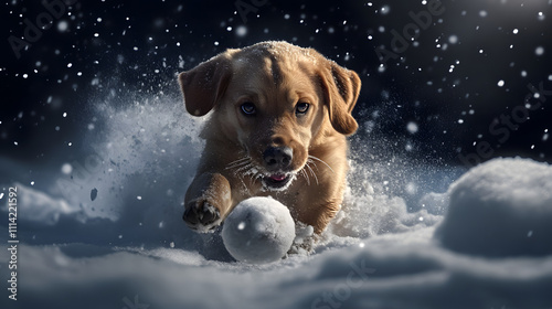 Verspielter Welpe jagt einen Schneeball, Winterspaß pur photo