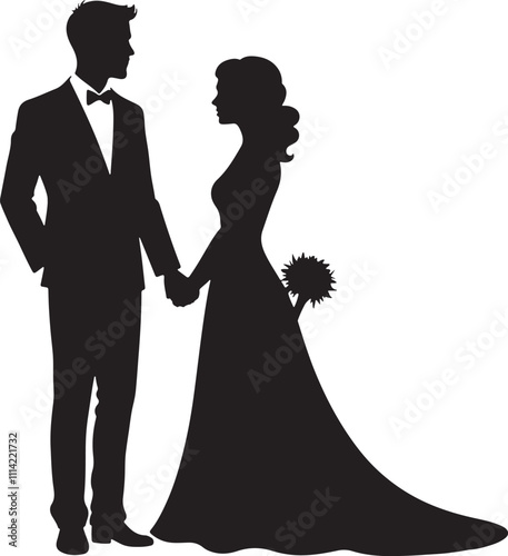 Wedding couple shilhoutte vector design. bride and groom marriage illustration.