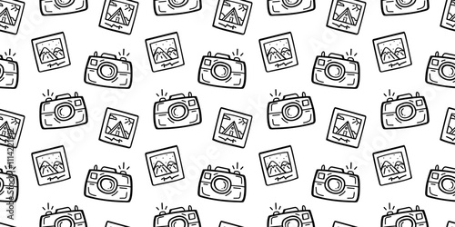 Doodle monochrome pattern black and white of old cameras and photo cards. Cute pattren with old pictures frames and illustration mountains and winter house