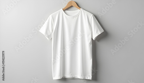 Realistic White T-Shirt Mockup on Wooden Hanger