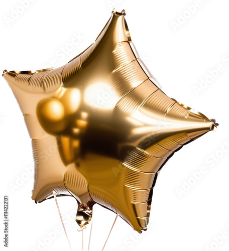 Shiny gold star balloon with reflection, isolated on white background.