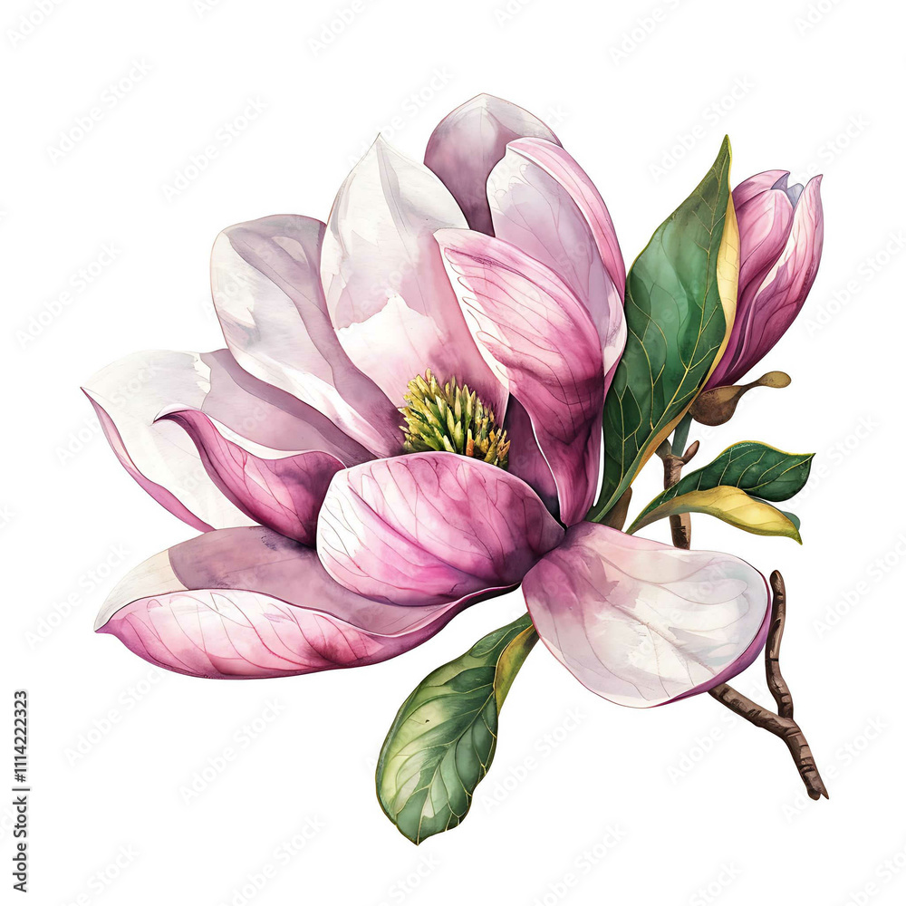 Naklejka premium Magnolia flower isolated on white background, old botanical watercolor illustration. Magnolia illustration, spring flower branch