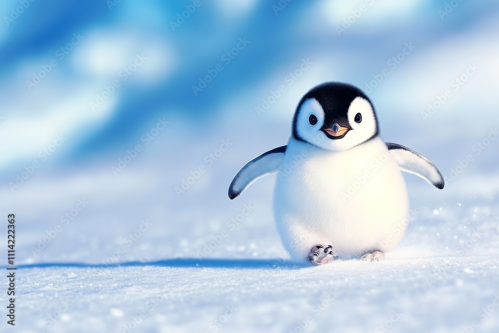 Fototapeta premium A playful penguin sliding down a snowy slope with an expression of joy and energy. Generative AI