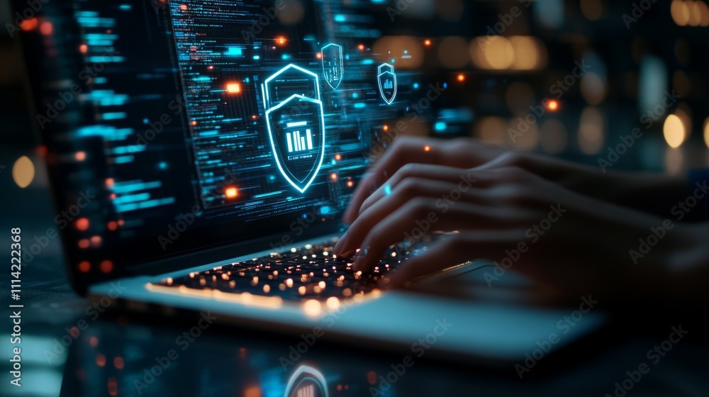 A close-up of a person typing on a laptop with holographic security shields hovering above the keyboard, symbolizing encryption and data protection A close-up of a person typing on a laptop with holographic security shields hovering above the keyboard, symbolizing encryption and data protection