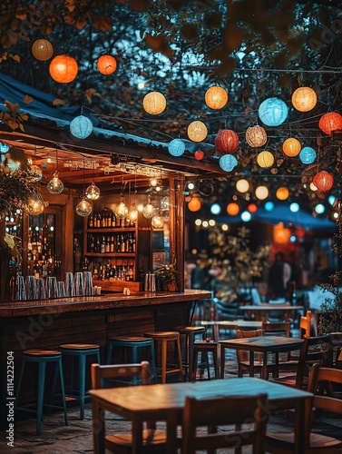 Night outdoor bar with colorful lights and tables.