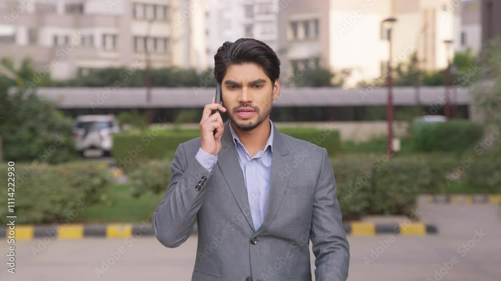 Stressed Indian Businessman Talking on Phone While Walking Stressed Indian Businessman Talking on Phone While Walking