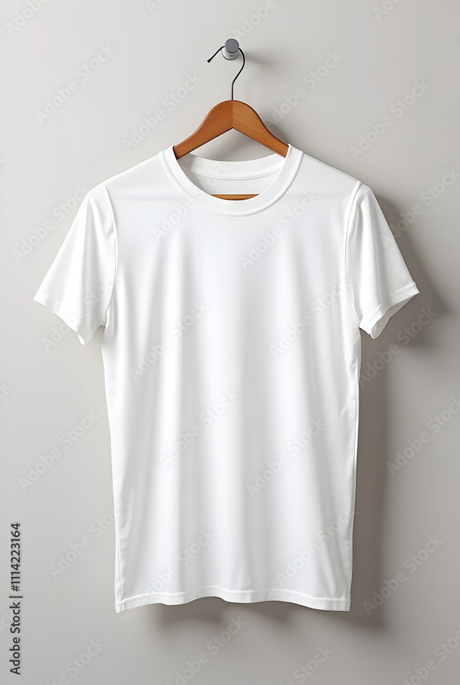 Realistic White T-Shirt Mockup on Wooden Hanger Realistic White T-Shirt Mockup on Wooden Hanger