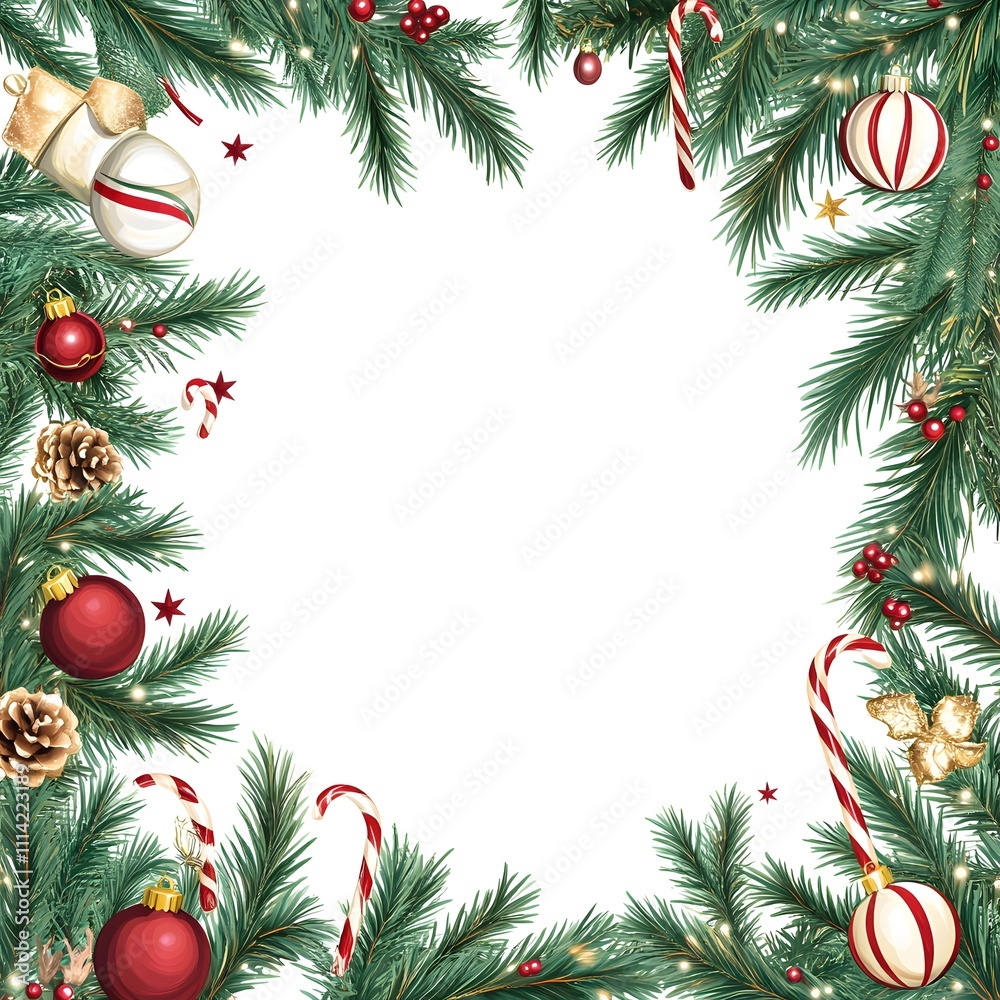 Festive Christmas frame with ornaments, candy canes, pine branches, and berries. Festive Christmas frame with ornaments, candy canes, pine branches, and berries.