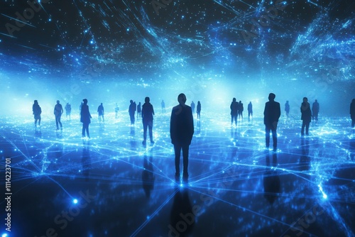 People stand in digital landscape