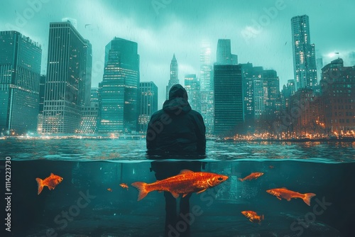 Urban surrealism man in water with goldfish cityscape reflection dreamlike environment atmospheric viewpoint photo