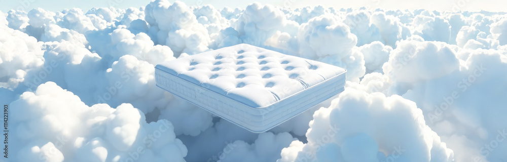 Fototapeta premium White mattress among fluffy clouds. Comfortable and healthy sleep