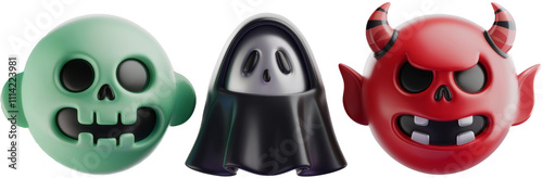 Colorful cartoon Halloween skull, ghost, and devil emojis.
