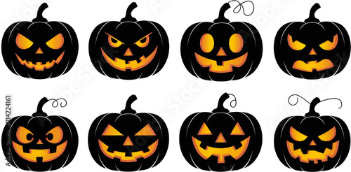 Set of eight glowing Halloween pumpkins with various expressions.