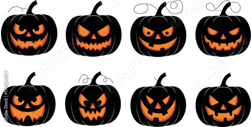 Set of glowing Halloween jack-o'-lantern illustrations.