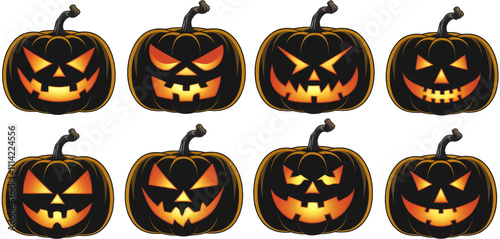 Set of glowing jack-o'-lanterns with spooky expressions.